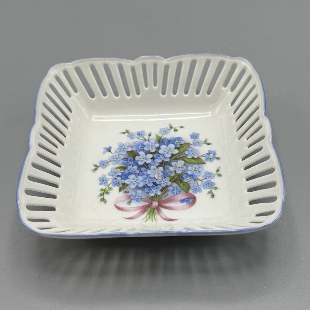 Vtg Reutter Porcelain Reticulated W Germany Square Trinket Dish Forget Me Knots